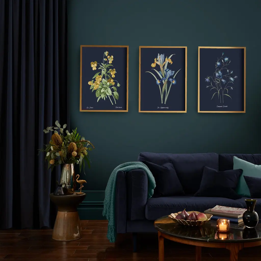 Glasshouse Iris Blue Wall Art in a living room setting