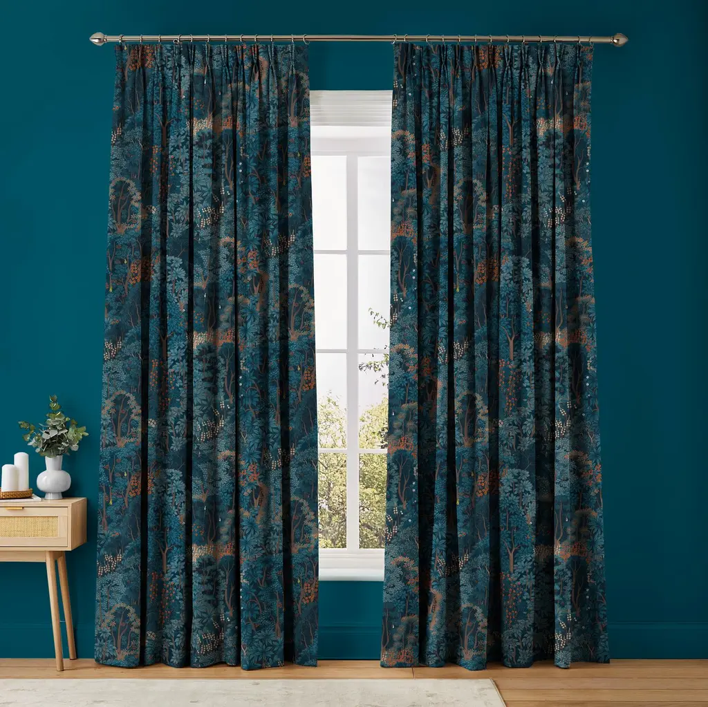 Room set featuring New Eden curtains and Tiru paint