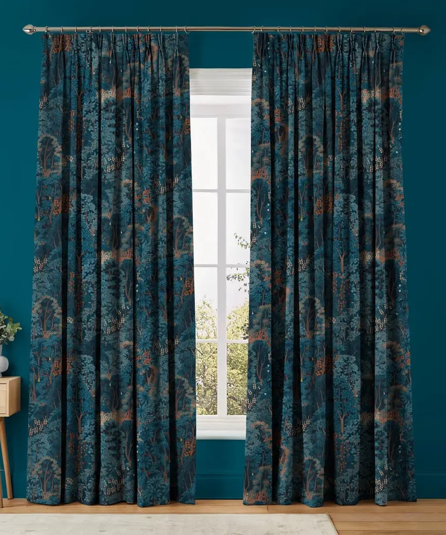 Room set featuring New Eden curtains and Tiru paint