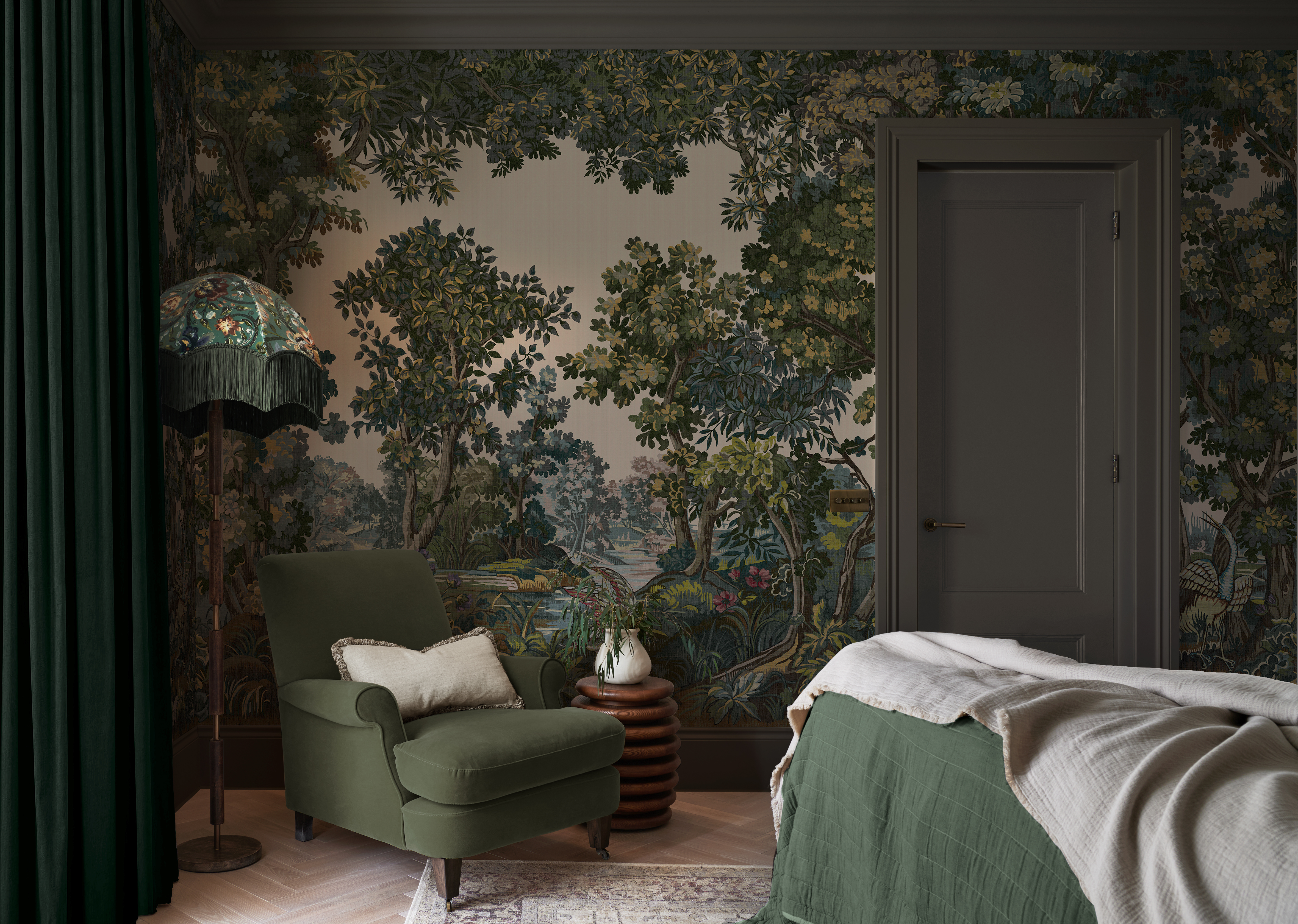 Bodenham Heritage Green Bespoke Mural in a bedroom setting