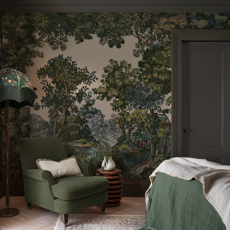 Bodenham Heritage Green Bespoke mural with coordinating paint and curtains in a bedroom setting