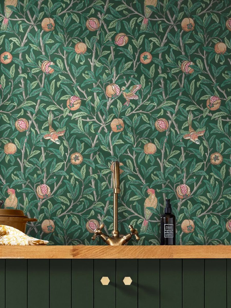 William Morris At Home Bird & Pomegranate Wallpaper in a kitchen with sink