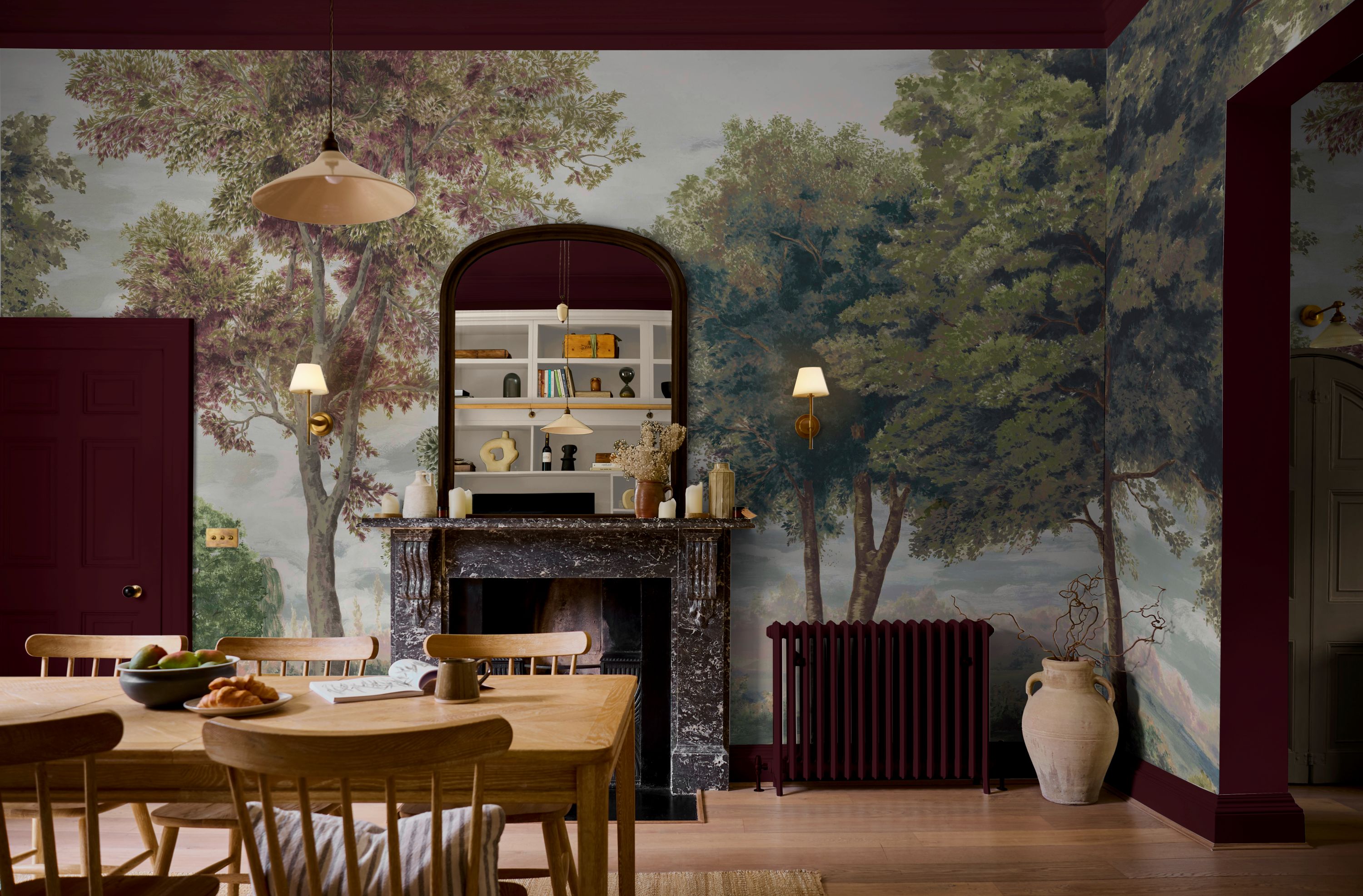 The Old Grove Dawn Bespoke Mural in a dining room setting