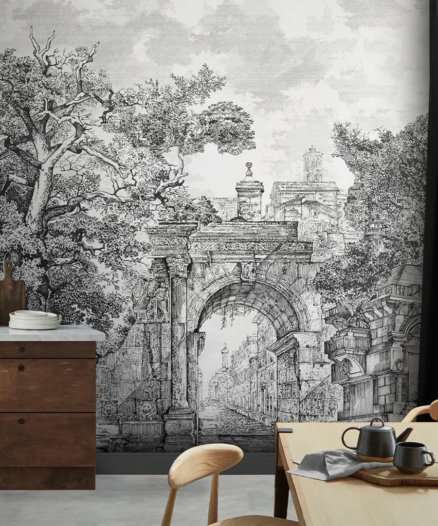 Roomshot of Rivington Folly Tattoo Bespoke Mural with kitchen table and sideboard
