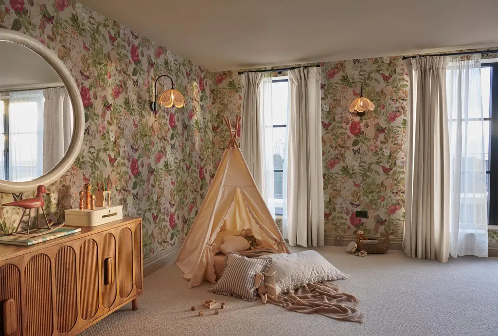 Bedroom room set featuring child's tent, side table and mirror featuring Bodnant Garden Whispering Rose Wallpaper 