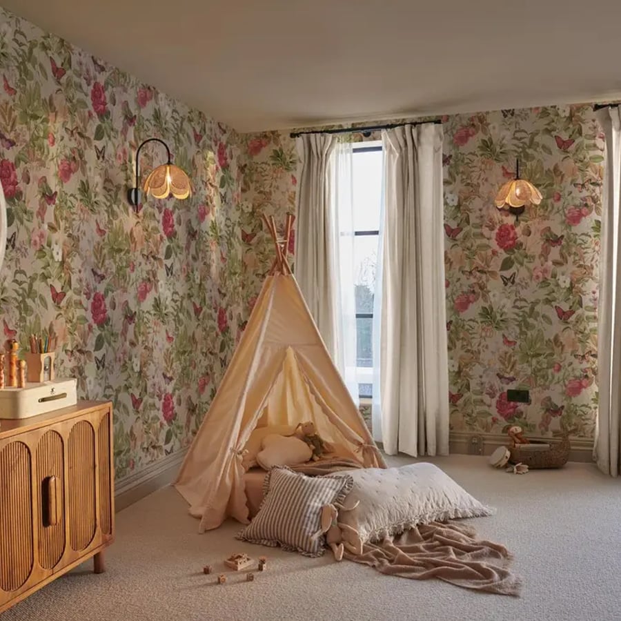 Bedroom room set featuring child's tent, side table and mirror featuring Bodnant Garden Whispering Rose Wallpaper