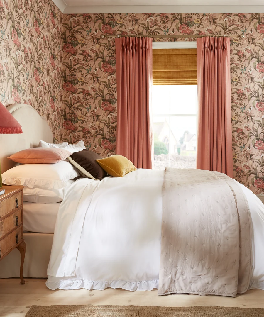 Bedroom room set featuring Lys wallpaper and Wallace peach curtains