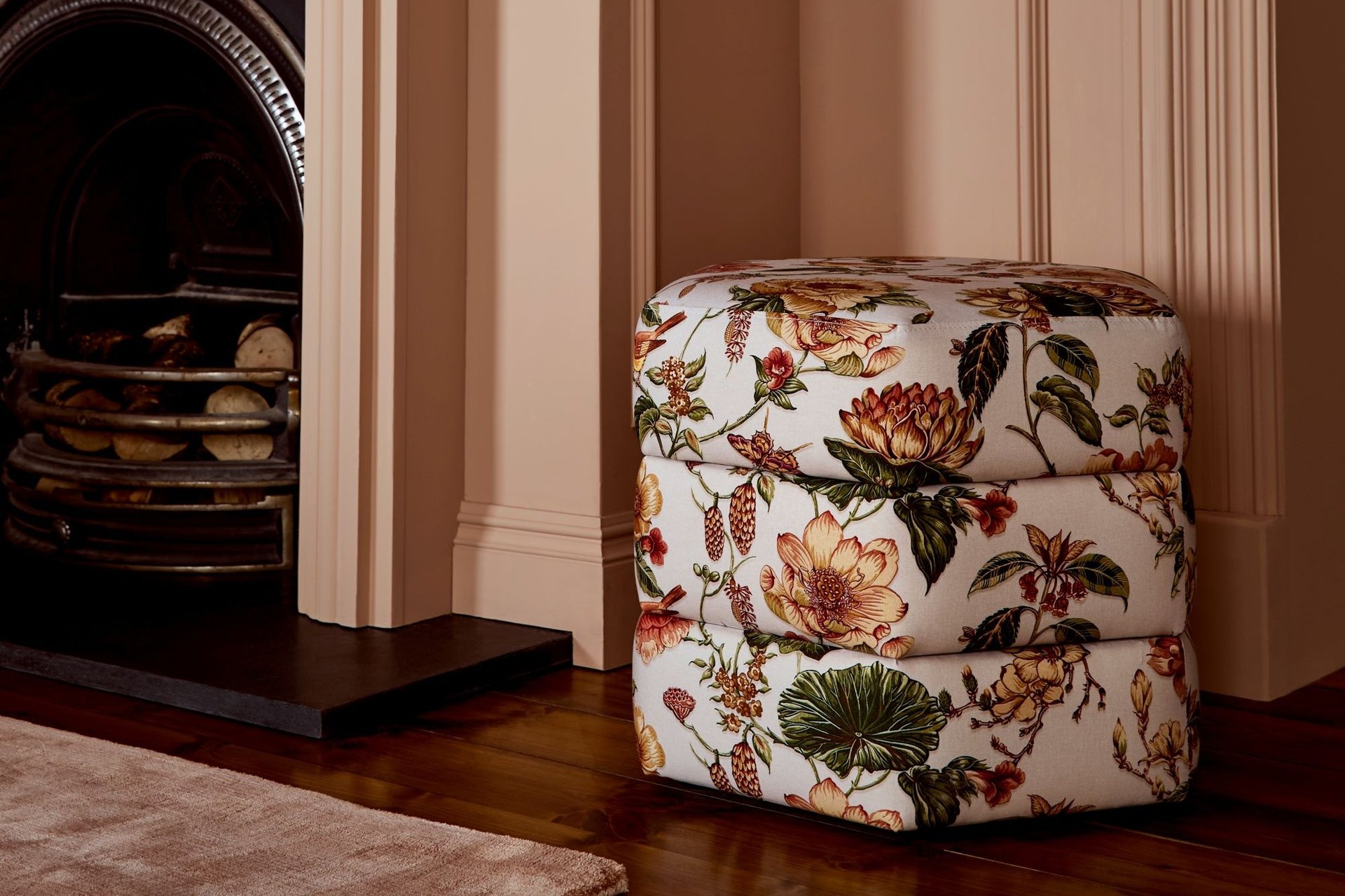 Roselle Grove Dusky Pink Pouffe in a living room setting