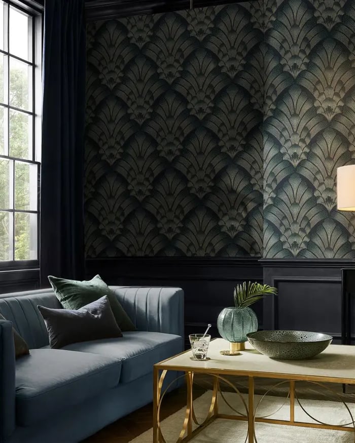 room set of living room featuring renaissance petrol wallpaper and rumour paint