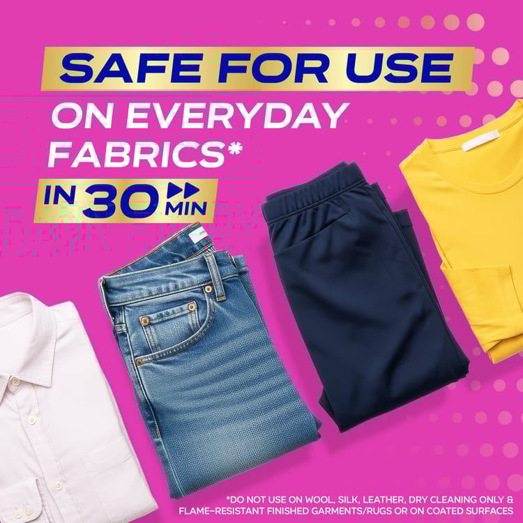 Safe for use on everyday fabrics in 30 min. Do not use on wool, silk, leather, dry cleaning only & flame-resistant finished garments/rugs or on coated surfaces
