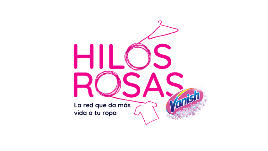Texto de Hilos Rosas y logo de Vanish con dibujo de gancho y playera