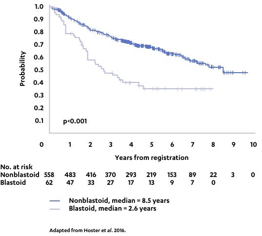 Graph OS according to blastoid vs non-blastoid cytology