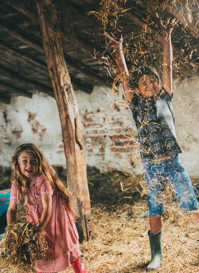 Mehr erfahren Kinder spielen auf dem Bauernhof im Stroh