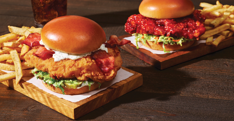 Applebees Hand Breaded Chicken Sandwiches   Bacon Rand and Sweet and Spicy