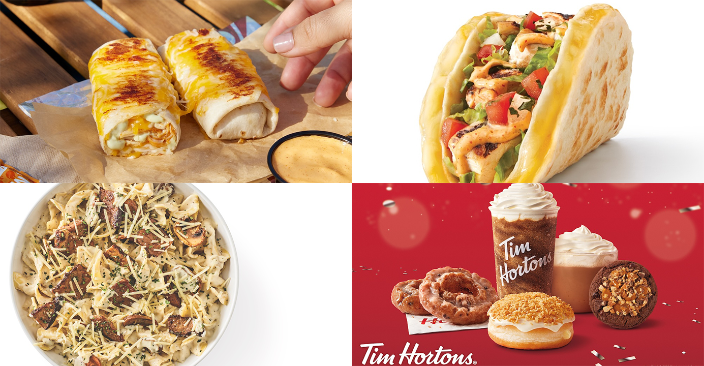 Clockwise from top left: menu items from Taco Bell, Taco John's, Tim Hortons, and Noodles & Company