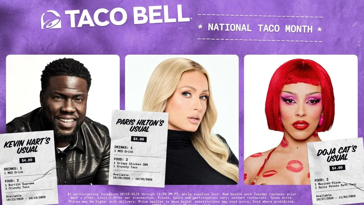 Taco Bell is featuring the go-to orders of Kevin Hart, Paris Hilton, and Doja Cat in October