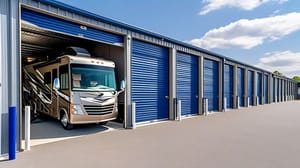 An RV parked inside a unit at a self-storage facility with blue doors An RV parked inside a unit at a self-storage facility with blue doors