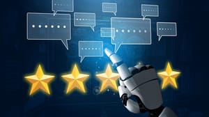 An image of a robot hand touching stars for reviews in a digital format An image of a robot hand touching stars for reviews in a digital format