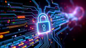 A glowing digital lock surrounded by streams of binary code and data points, symbolizing cybersecurity A glowing digital lock surrounded by streams of binary code and data points, symbolizing cybersecurity