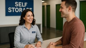 A smiling woman helping a male customer at a self-storage facility A smiling woman helping a male customer at a self-storage facility