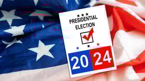 The American flag with a 2024 Presidential Election ballot The American flag with a 2024 Presidential Election ballot
