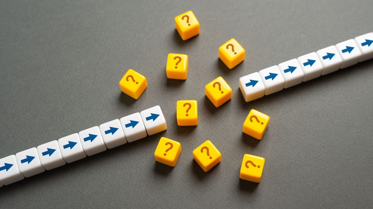 An image of dice with arrow on them in a row interuppted by yellow dice with question marks An image of dice with arrow on them in a row interuppted by yellow dice with question marks