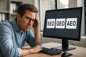 An image of a man in front of a computer screen with the words SEO, GEO and AEO An image of a man in front of a computer screen with the words SEO, GEO and AEO