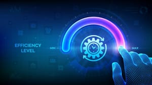 A digital image of a hand on a dial with the words efficiency level A digital image of a hand on a dial with the words efficiency level