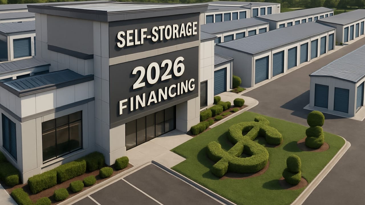 An image of a self-storage building with the words 2026 finaning on the front An image of a self-storage building with the words 2026 finaning on the front
