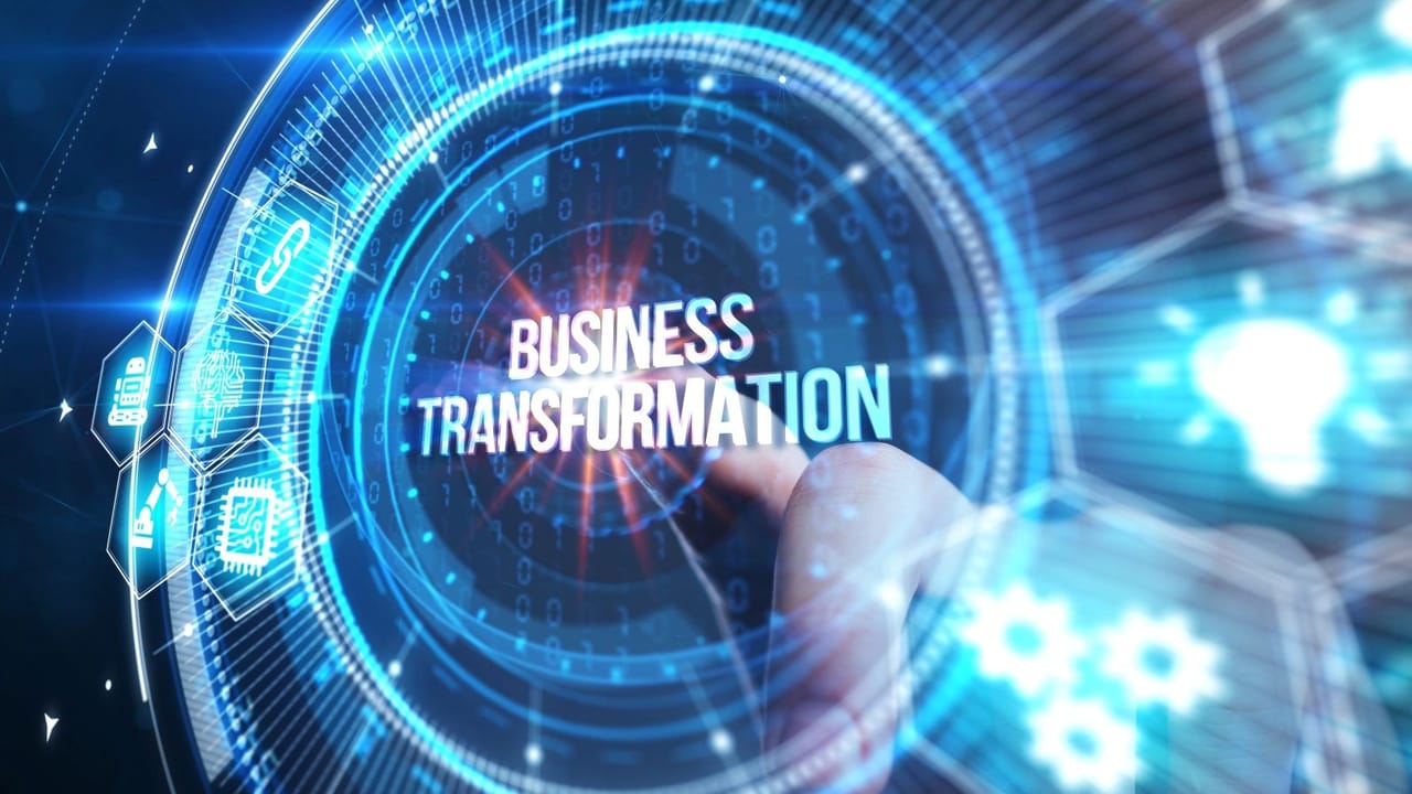 Virtual screen of the future with the inscription Business transformation Virtual screen of the future with the inscription Business transformation