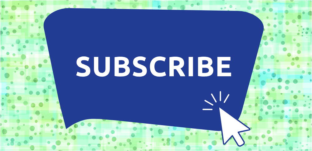 A blue speech bubble with SUBSCRIBE in white and a computer cursor pointing at it, against a green and teal dotted background.