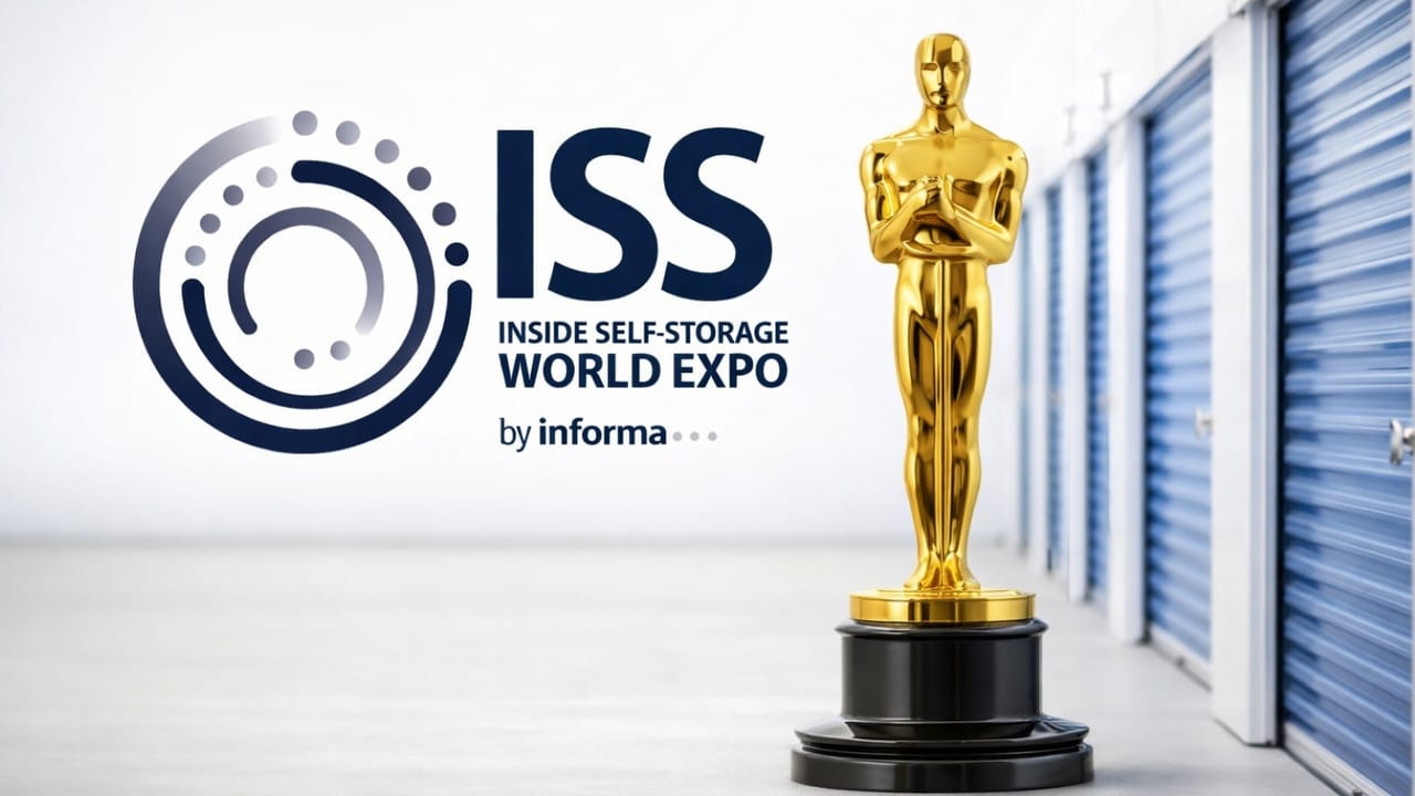 A logo next to an Oscar award in front of a self-storage unit A logo next to an Oscar award in front of a self-storage unit