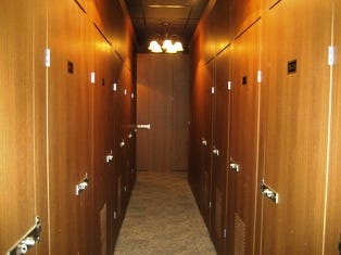 Wine-storage lockers made of French oak wood-grain embossed steel as shown here at Tropical Storage in Miramar, Fla.