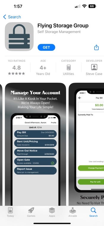 Flying Storage Group’s app as it appears in the store