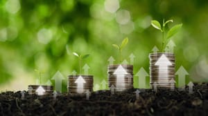 Green chutes growing out of stacks of coins Green chutes growing out of stacks of coins