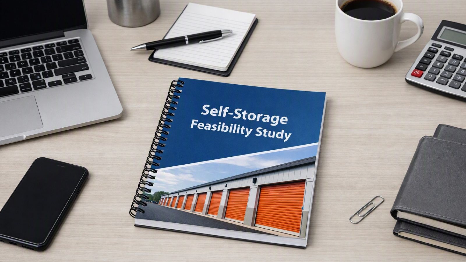 A spiral notebook with Self Storage Feasibility Study on the cover sitting on a desk