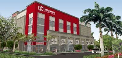 This mixed-use property in Pompano Beach, Fla., combines a CubeSmart facility with ground-floor retail.