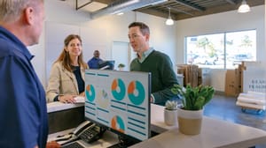 Two customers talking to a self-storage facility manager in front of a computer screen showing data Two customers talking to a self-storage facility manager in front of a computer screen showing data