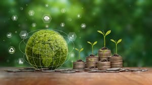 A green globe next to stacks of coins A green globe next to stacks of coins