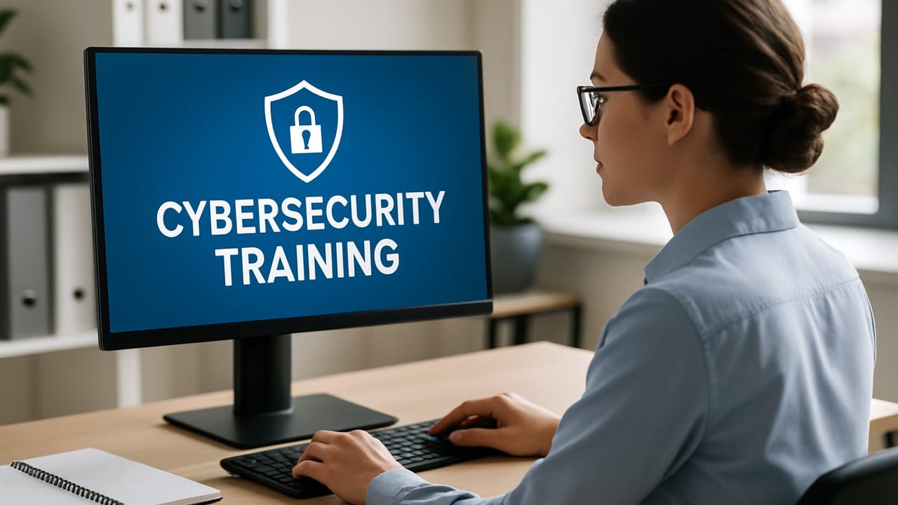 A woman sitting at a desktop computer that says cybersecurity training on the monitor A woman sitting at a desktop computer that says cybersecurity training on the monitor