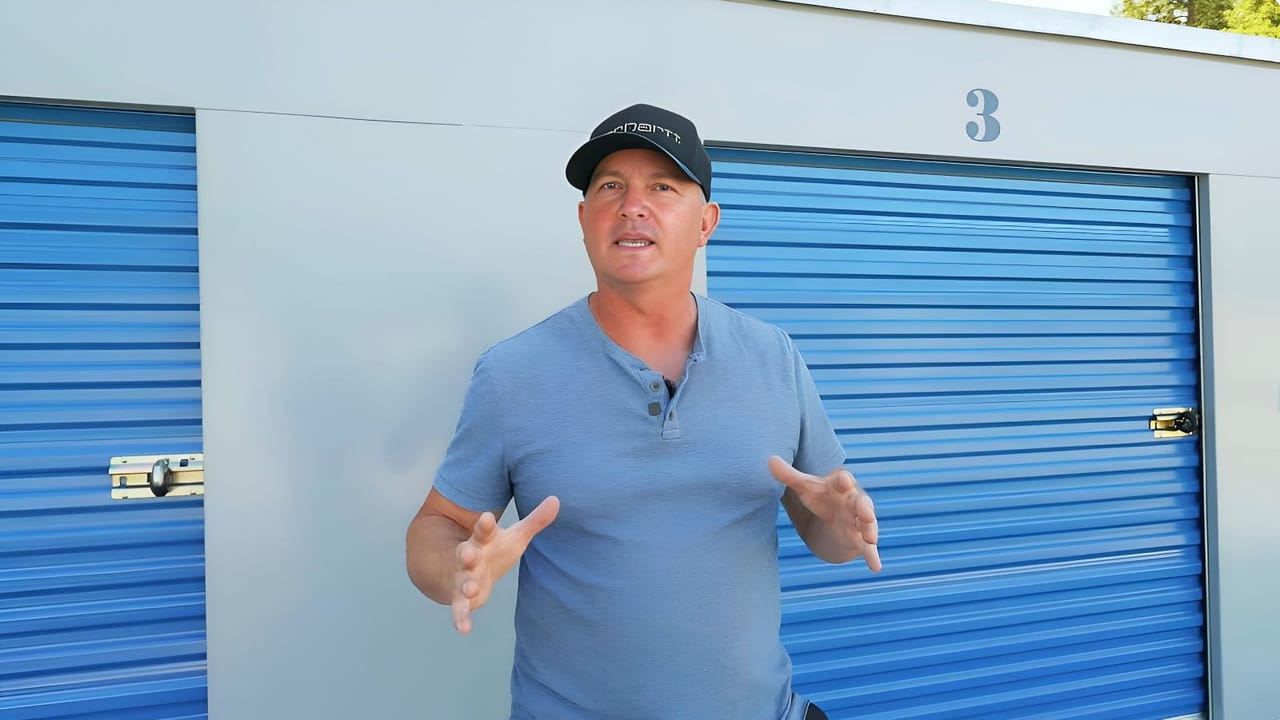 A man standing in front of a self-storage unit talking A man standing in front of a self-storage unit talking