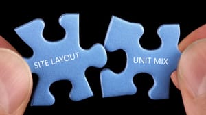 Two blue puzzle pieces with the words site selection on one and unit mix on the other Two blue puzzle pieces with the words site selection on one and unit mix on the other