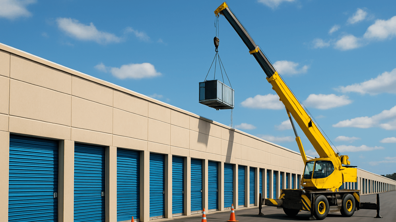 An image of a crane adding an HVAC system on top of a self-storage building showing units with blue doors An image of a crane adding an HVAC system on top of a self-storage building showing units with blue doors