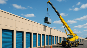 An image of a crane adding an HVAC system on top of a self-storage building showing units with blue doors An image of a crane adding an HVAC system on top of a self-storage building showing units with blue doors