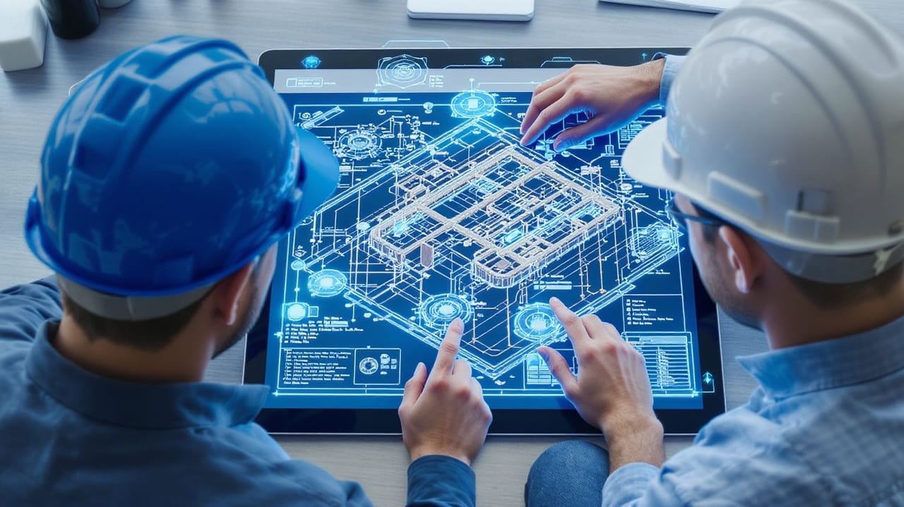 An image of two men in hard hats looking at a digital diagram for technology in a building An image of two men in hard hats looking at a digital diagram for technology in a building