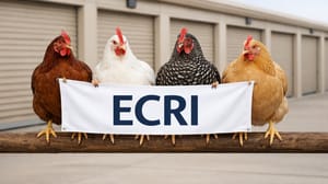 Four chickens sitting on a perch in front of self-storage units holding a banner that says ECRI Four chickens sitting on a perch in front of self-storage units holding a banner that says ECRI