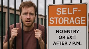 An image of a man on a self-storage property trapped behind the gate, which displays the business hours. An image of a man on a self-storage property trapped behind the gate, which displays the business hours.