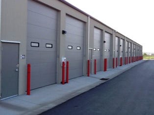 Fully enclosed self-storage units such as this one are typically 45 feet to 50 feet deep, with an eve height of about 16 feet and a 12 -by-14-foot door to accommodate even the largest RV.