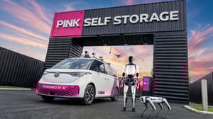 A drone, self-driving vehicle and robots outside the entrance of a self-storage facility A drone, self-driving vehicle and robots outside the entrance of a self-storage facility