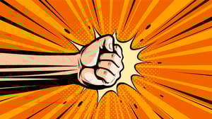 A cartoon image with a fist punching through a hole on an orange background A cartoon image with a fist punching through a hole on an orange background